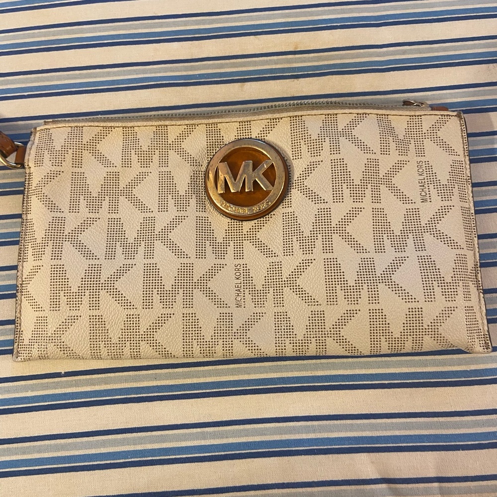 Michael Kors Beige and Gold Logo Wristlet